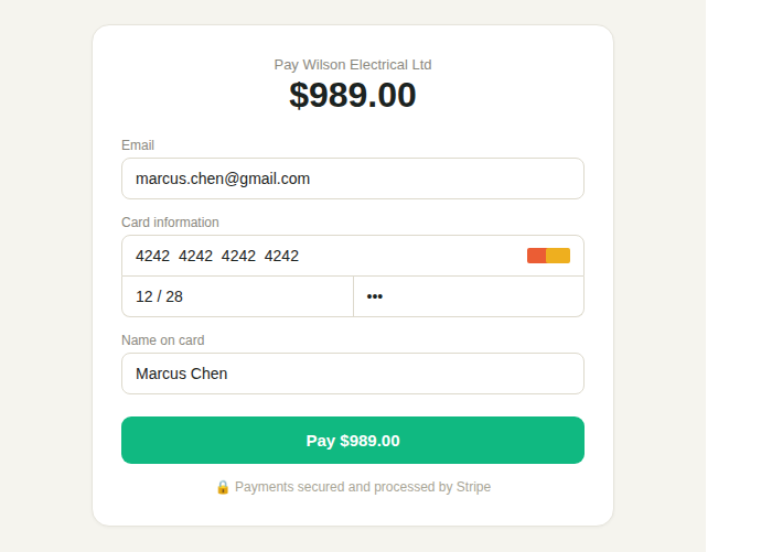 A customer entering their card details to pay an invoice, secured and processed by Stripe